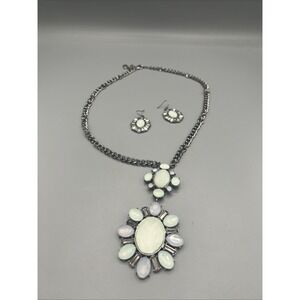 Y2K Statement Floral Necklace & Earrings Set Silver Tone Pastel Cabochons